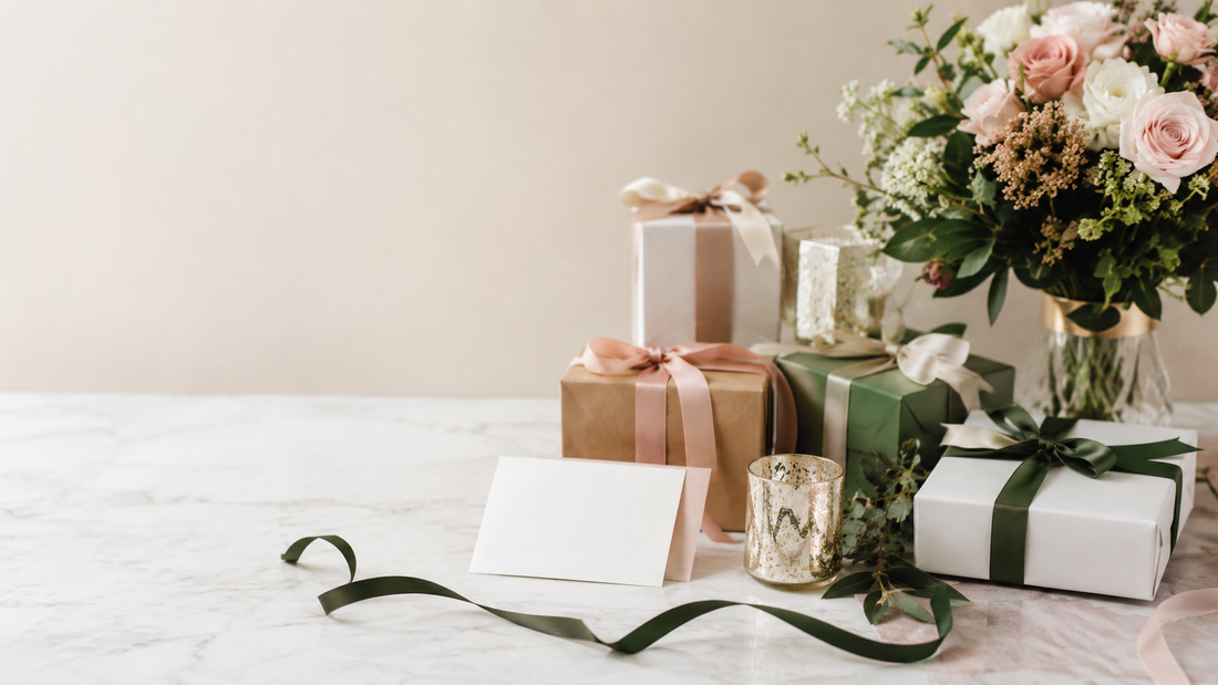 Flat lay יוקרתי על שיש — מתנות עטופות בורוד וירוק, פרחים ונרות