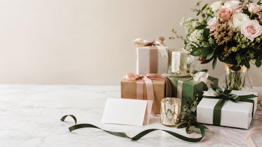 Flat lay של מתנות אלגנטיות עם פרחים ונרות — אווירה רחבה